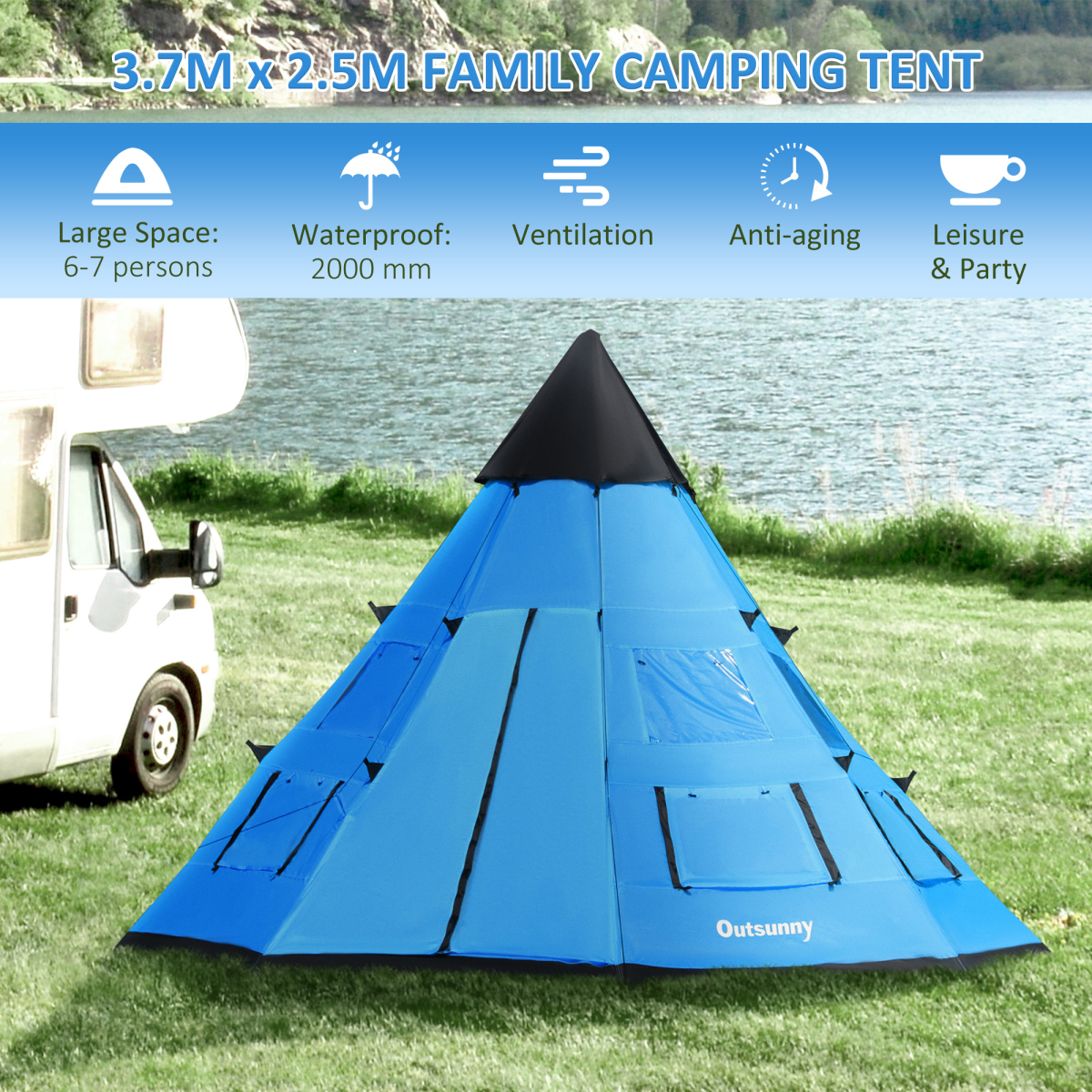 Outsunny 6-Person Large Family Tipi Camping Tent with Carry Bag and Mesh Windows