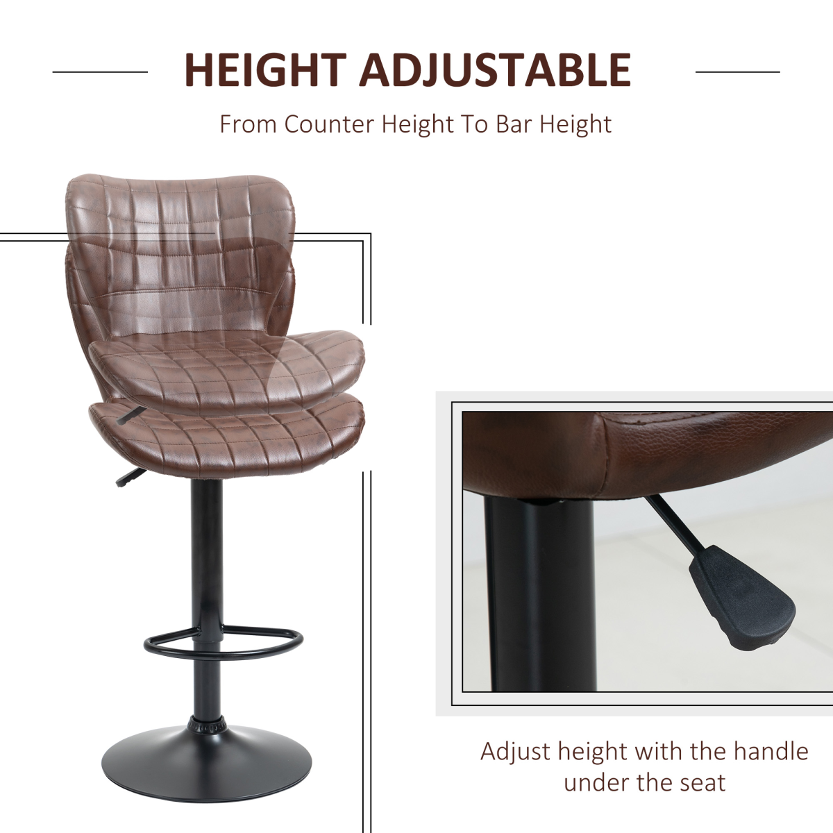 HOMCOM Set of 2 Adjustable Height Swivel Bar Stools with Backrest, PU Leather, Brown