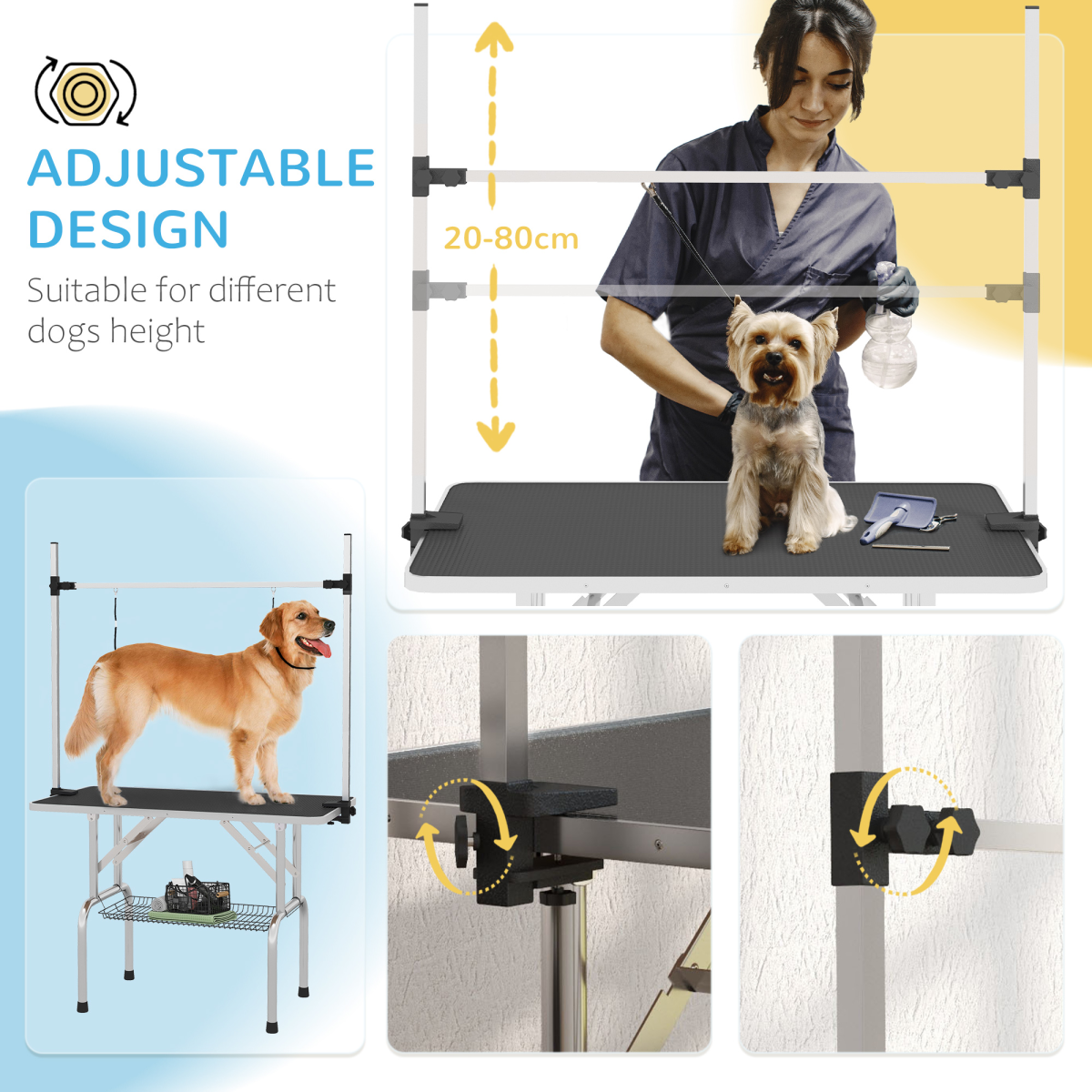 PawHut Adjustable Metal Dog Grooming Table with Non-Slip Rubber Top, 2 Safety Slings, Mesh Storage Basket, Black