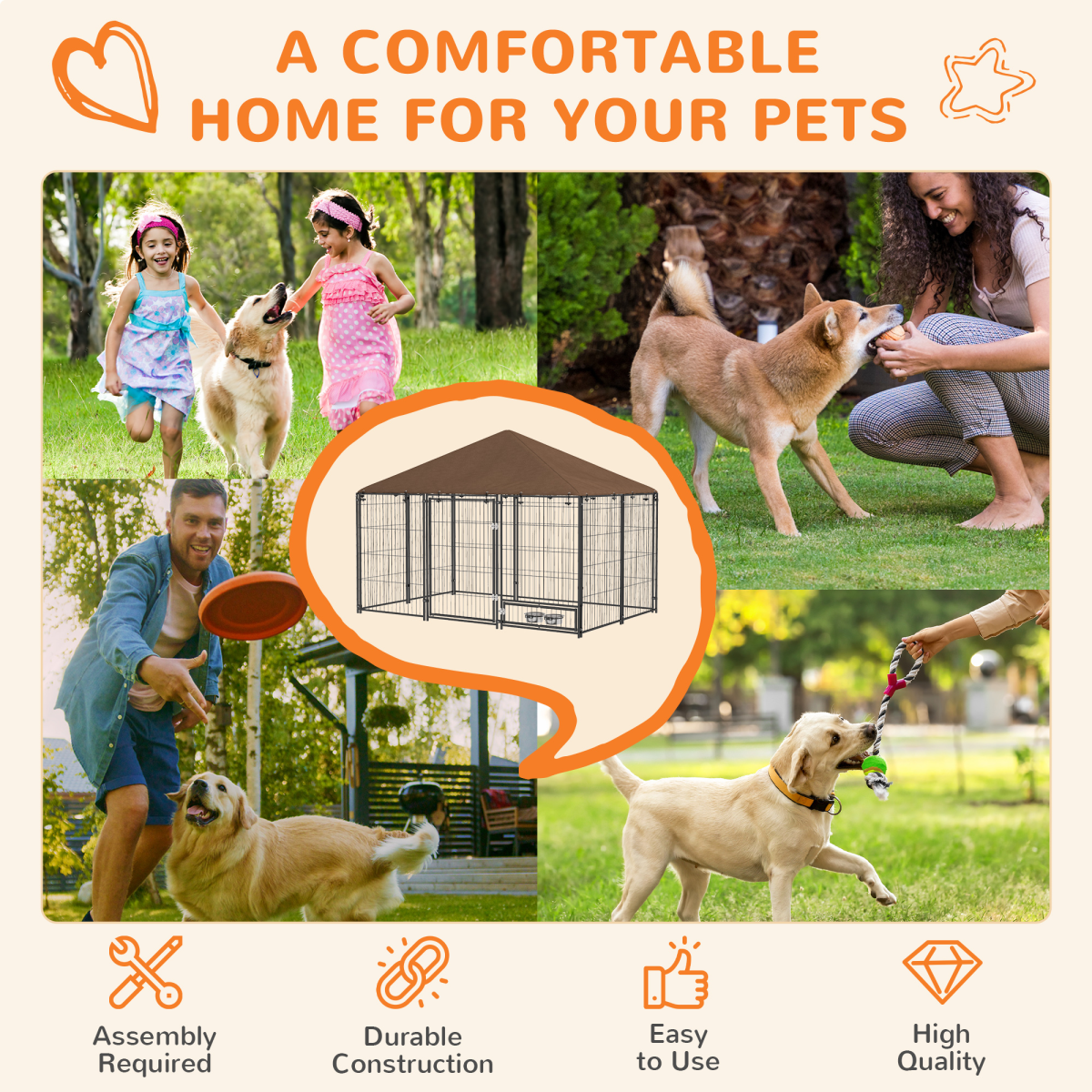 PawHut Outdoor Dog Kennel with Canopy, Lock & Rotating Bowl Holder