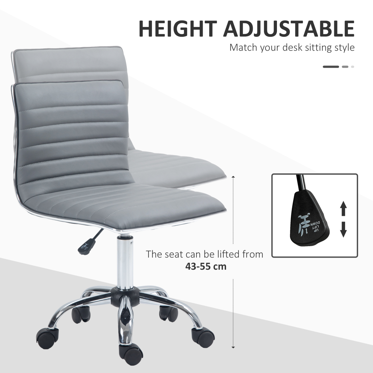 HOMCOM Armless Mid-Back Adjustable 360° Swivel Office Chair, Light Grey