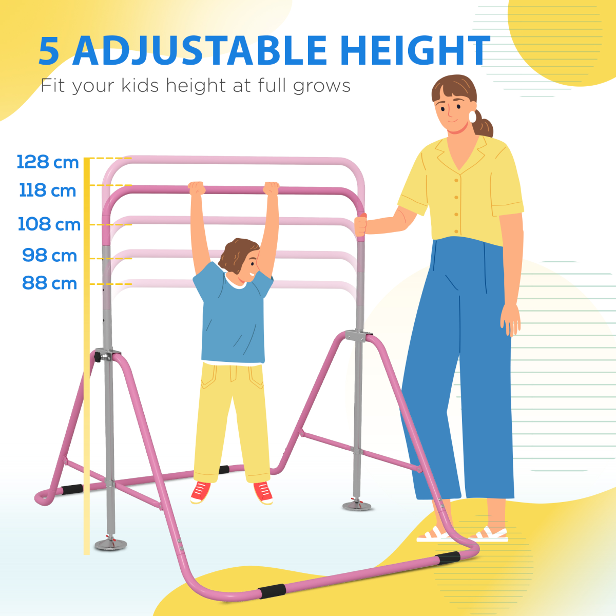HOMCOM Kids Gymnastic Bar, Adjustable & Foldable Training Bar, Pink