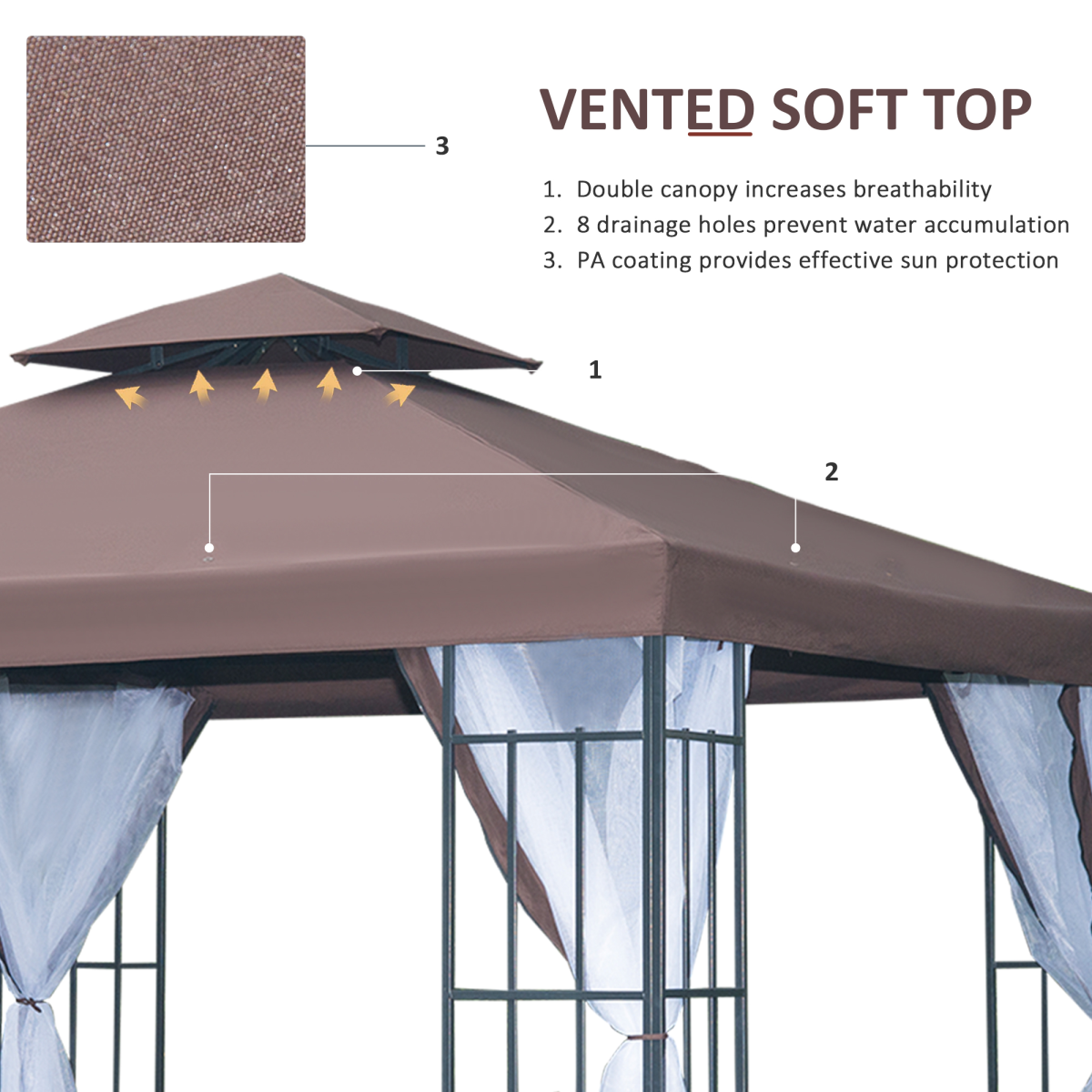 Outsunny 3x3m Garden Gazebo with Two-Tier Ventilated Canopy, 4 Mesh Sidewalls, Steel Frame