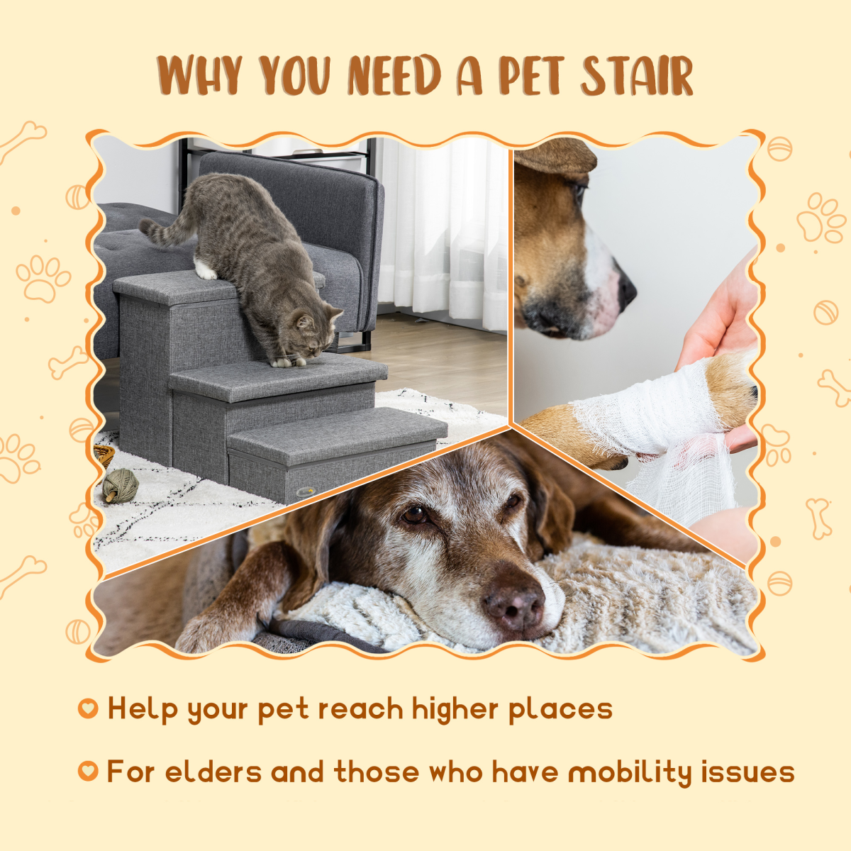 PawHut 3-Step Pet Stairs with Storage Boxes for Bed & Sofa, Light Grey