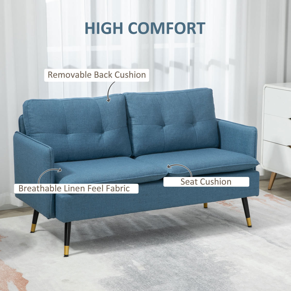 HOMCOM 2 Seater Fabric Sofa, Button Tufted Love Seat, Dark Blue