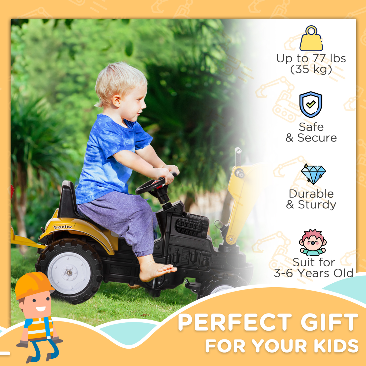 Ride-On Pedal Digger Construction Toy with Horn, Detachable Trailer and Shovel for Kids 3-6 Years