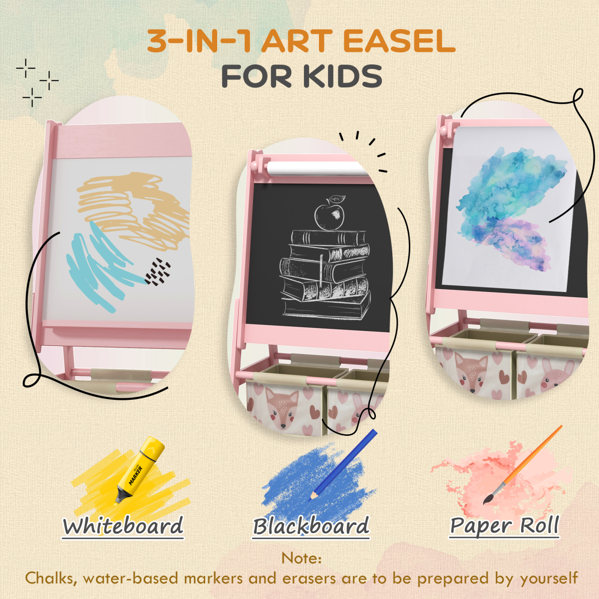 AIYAPLAY Kids 3-in-1 Easel with Paper Roll, Blackboard & Whiteboard, Pink