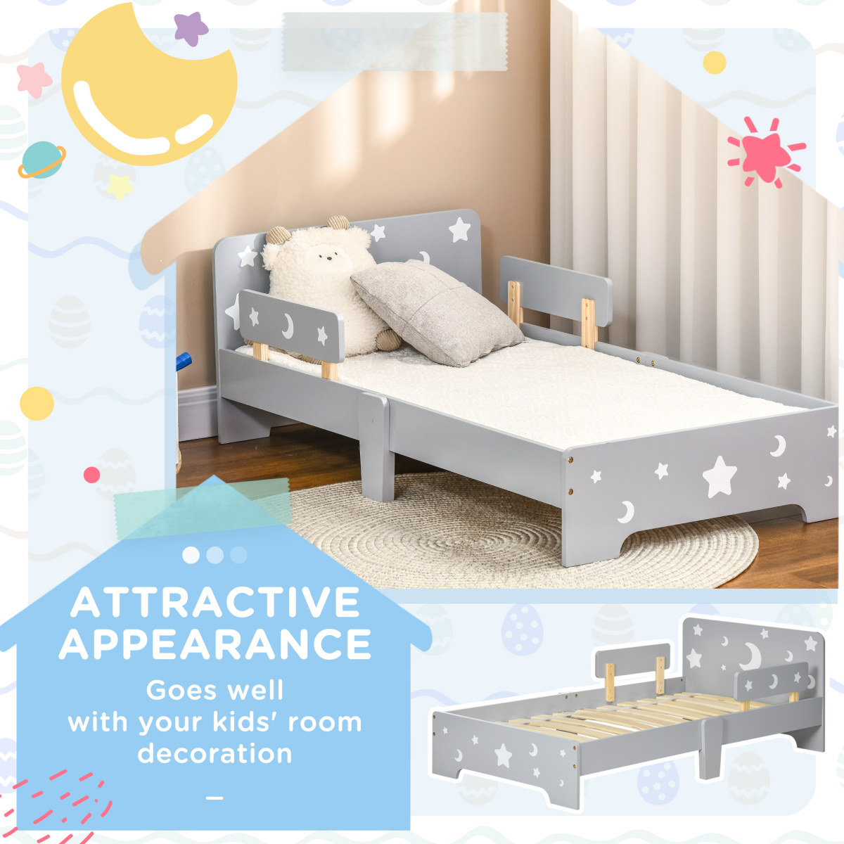 Grey Toddler Bed with Star & Moon Patterns for Ages 3-6