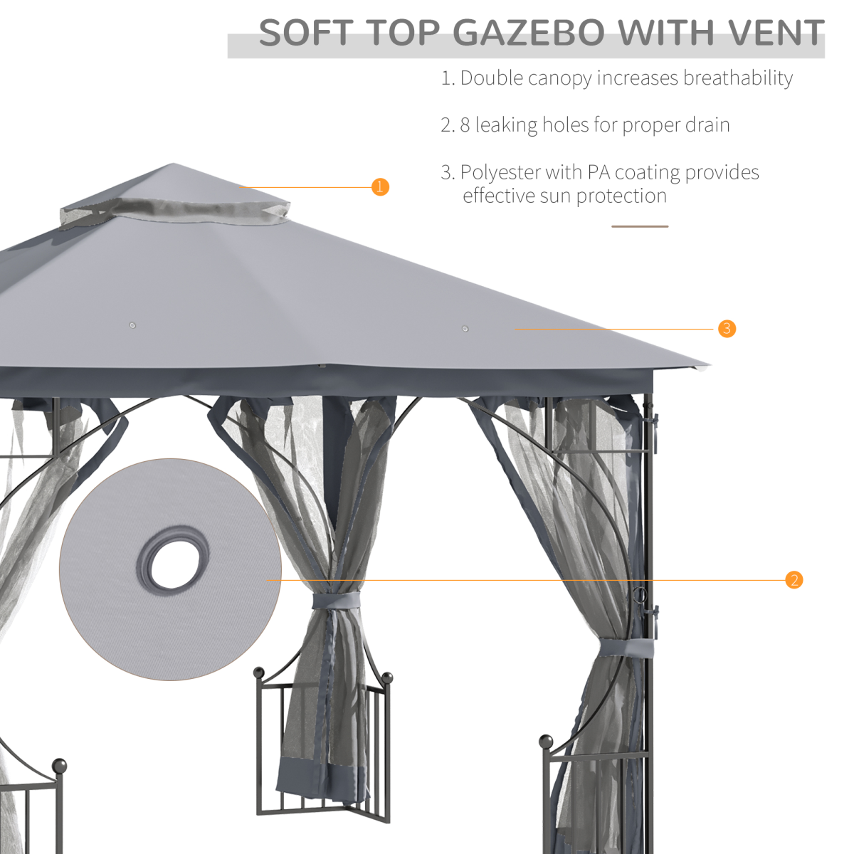 3x3m Patio Gazebo Canopy with Mesh Sidewalls, Light Grey