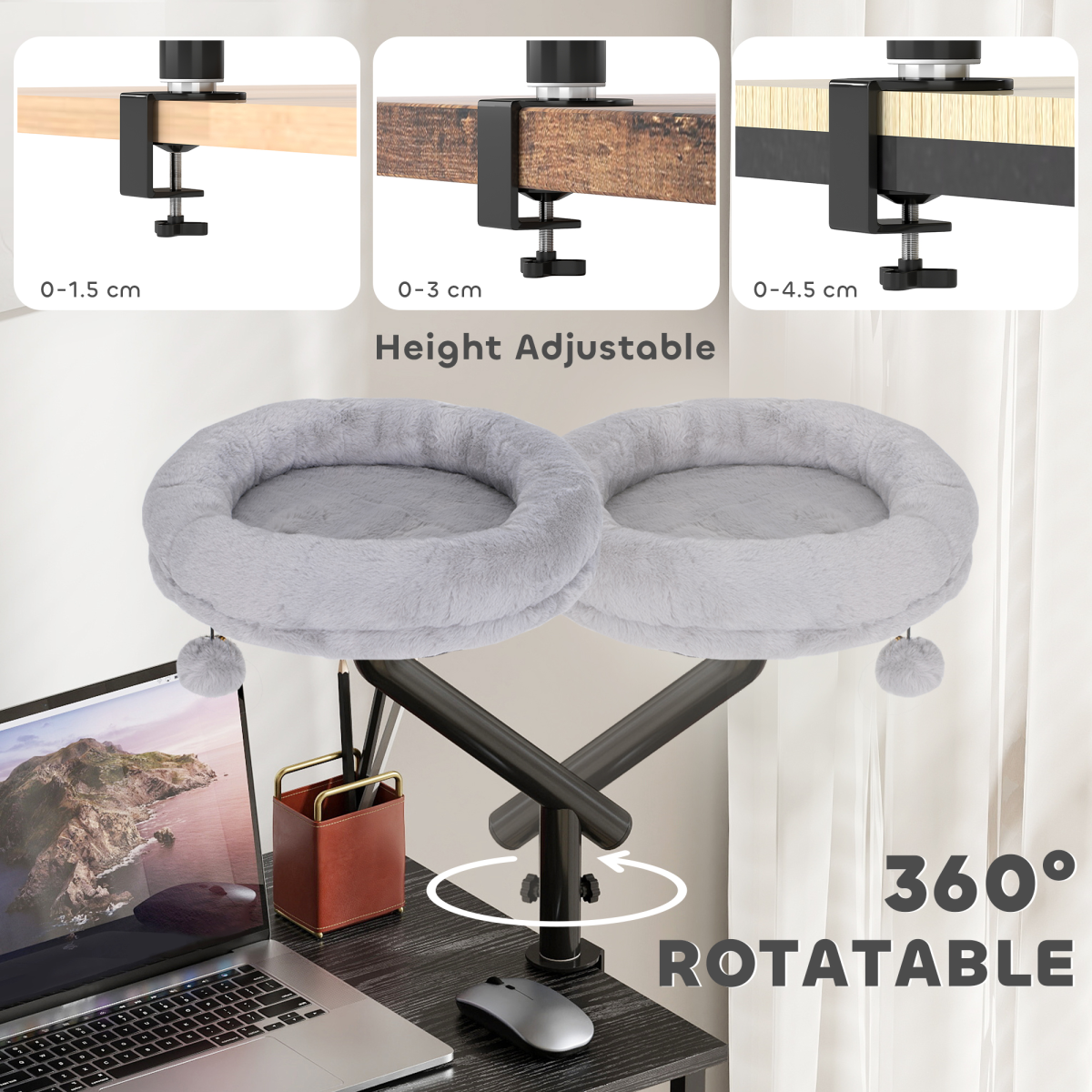 PawHut 360° Rotating Adjustable Cat Desk Bed with Clamp, Grey