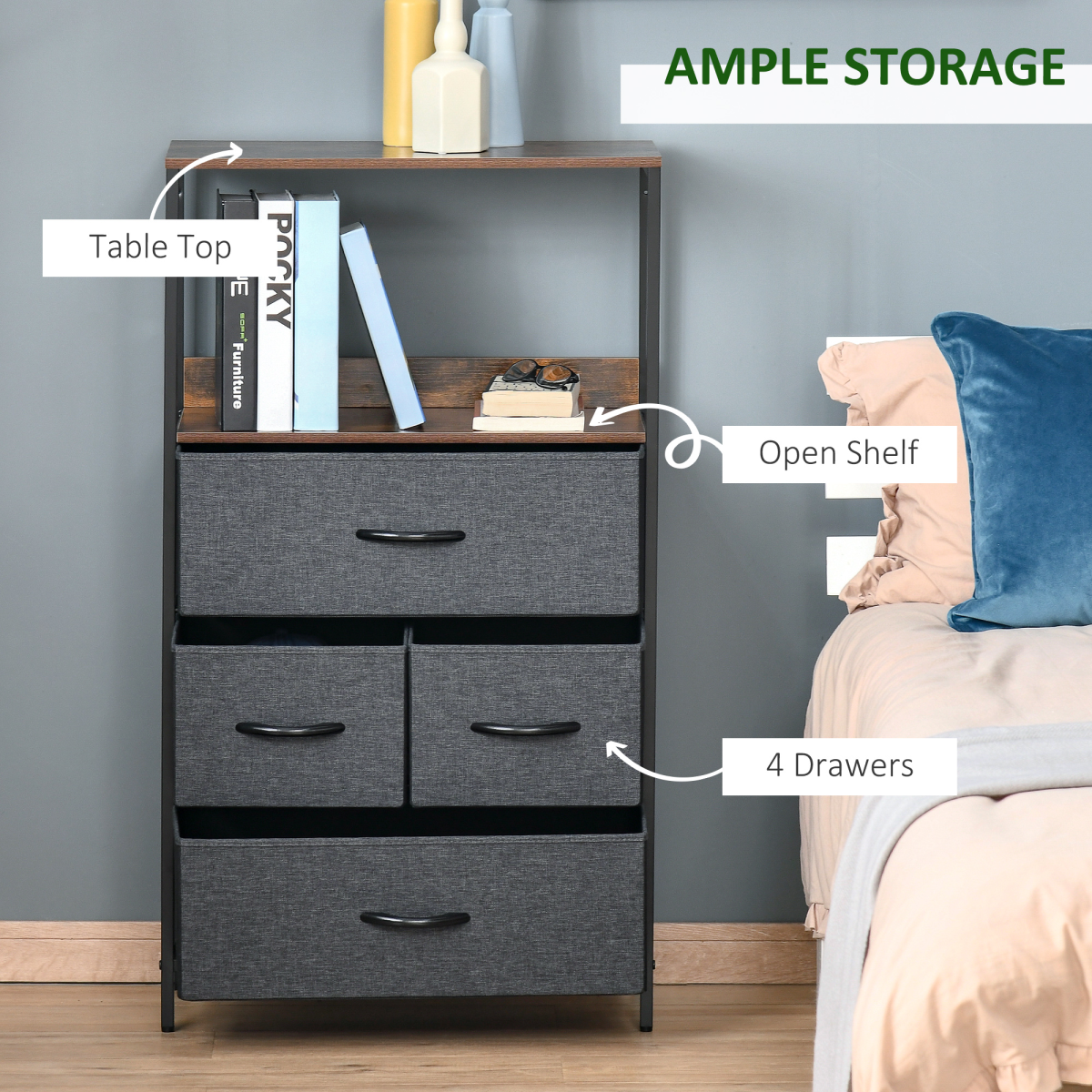 4 Drawer Storage Chest with Shelves, Black Metal Frame and Fabric Drawers