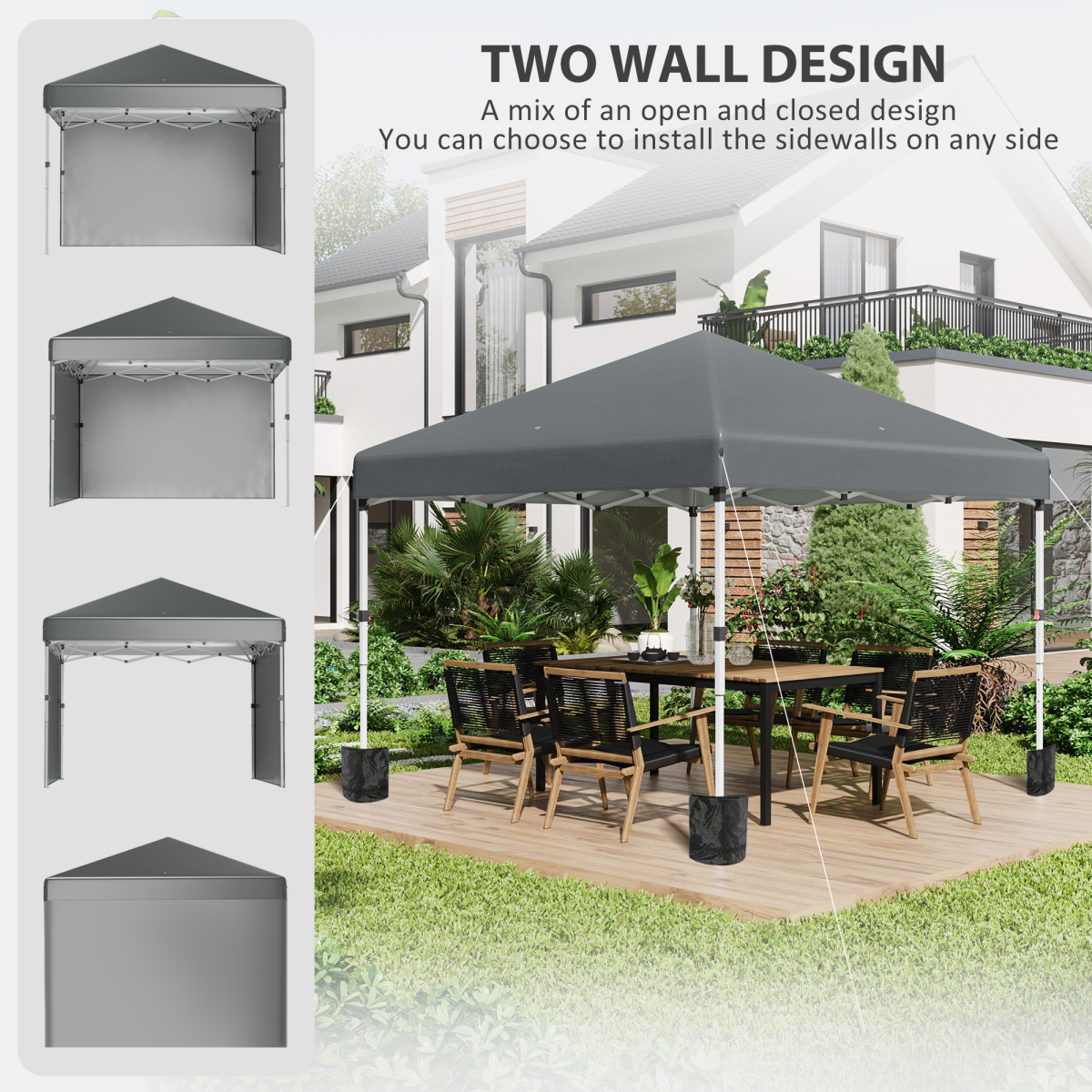 3 x 3m Pop Up Gazebo with 2 Removable Sidewalls, Adjustable Height, Sandbags, Guy Ropes and Ground Stakes, Dark Grey
