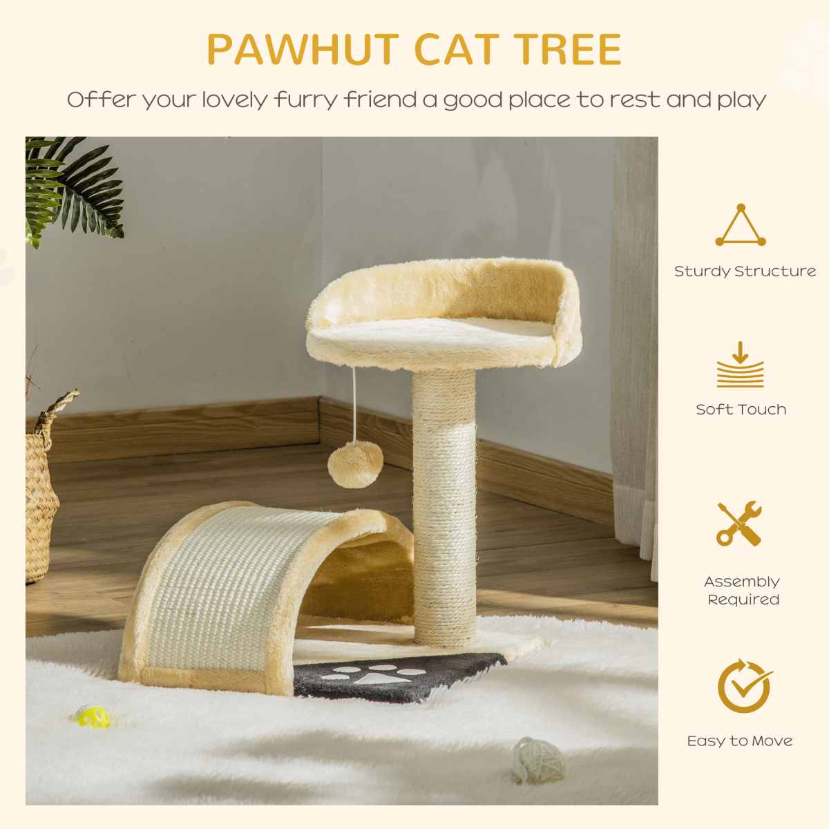 Pawhut Cat Tree with Sisal Scratching Posts, Plush Cover, Ball Toy and Lightweight Design