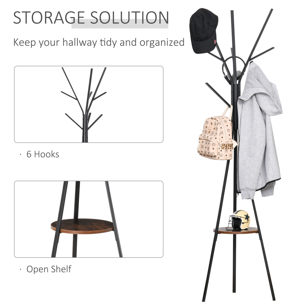 HOMCOM 180cm Freestanding Metal Coat Rack with Shelf, 9 Hooks, Brown