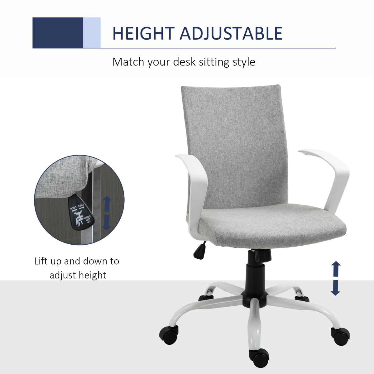 Vinsetto Linen Swivel Office Chair, Adjustable Height Computer Desk Chair with Armrests, Light Grey