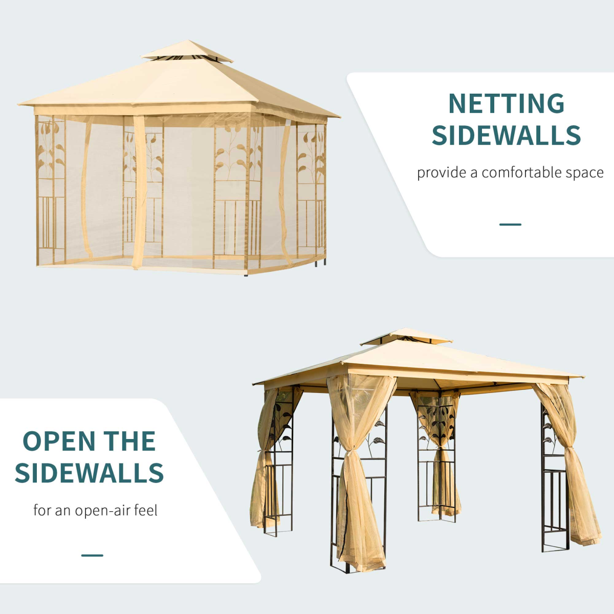 Outsunny 3x3 m Beige Double Top Gazebo with Mesh Sidewalls