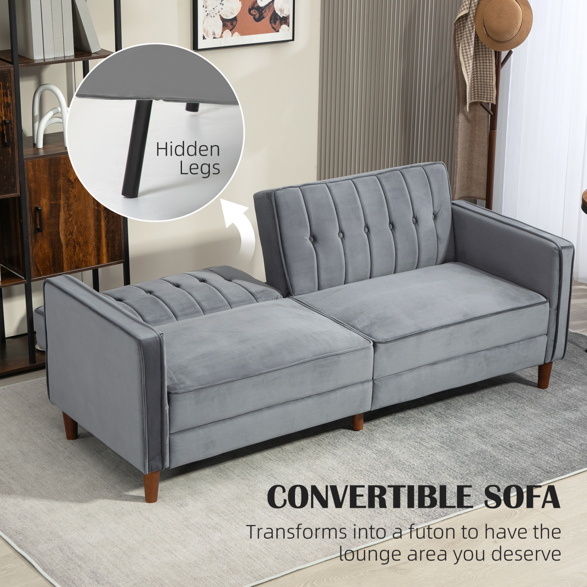 HOMCOM Dark Grey Velvet-Touch Convertible Futon Sofa Bed