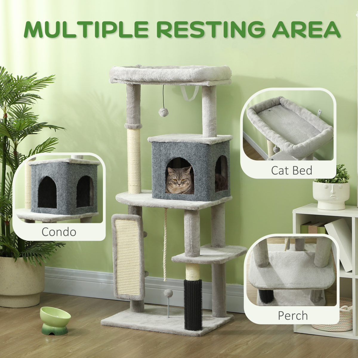 PawHut 132cm Indoor Cat Tree with Scratching Posts, Light Grey
