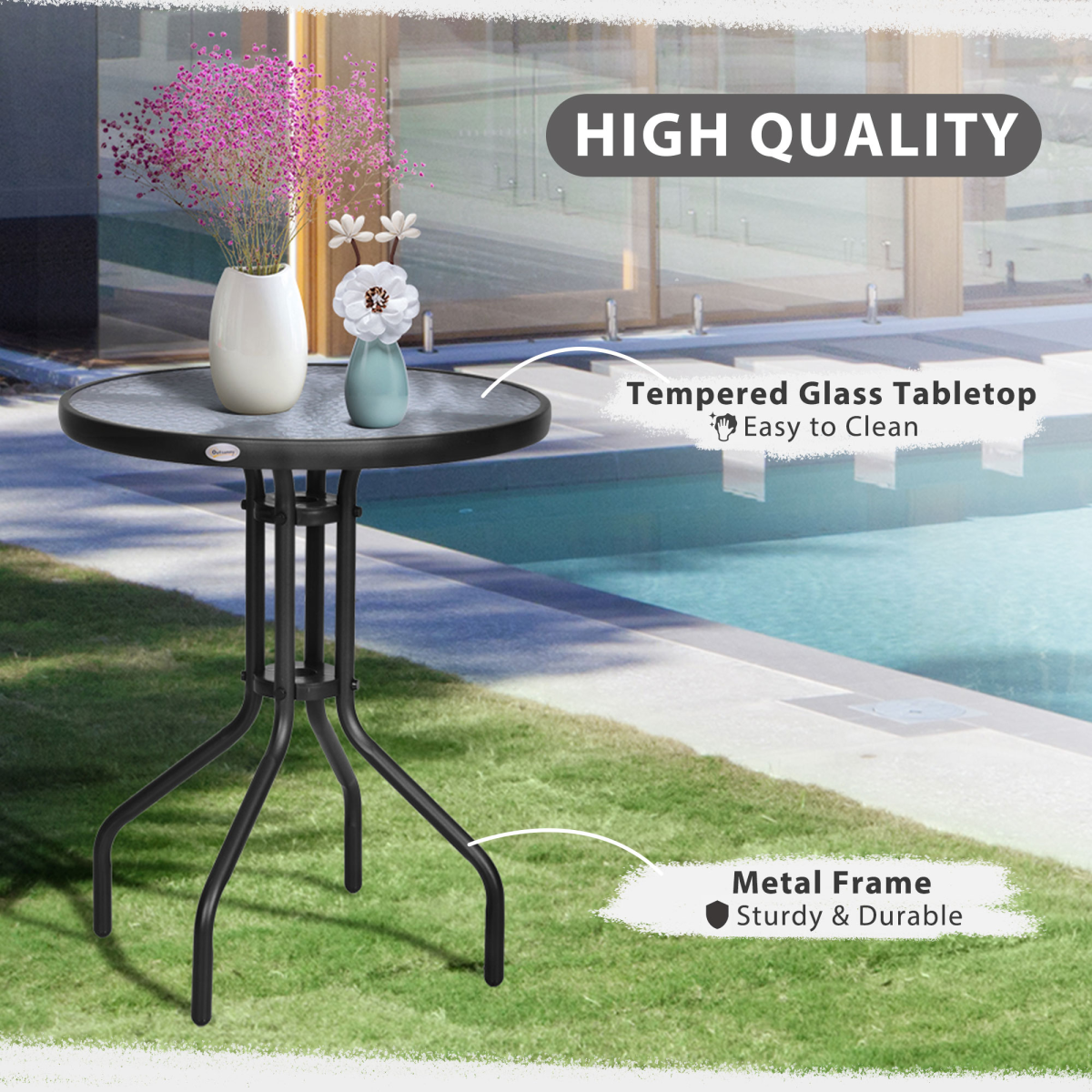 Outsunny Round Metal Garden Table with Tempered Glass Top, Black