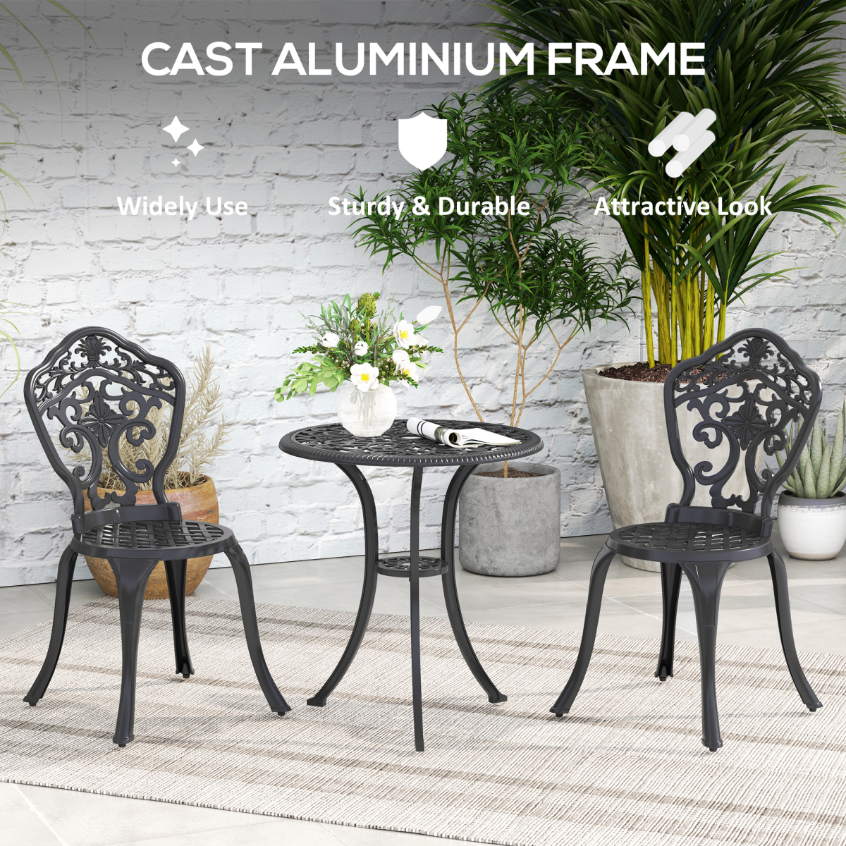Outsunny 3-Piece Cast Aluminium Bistro Set with Parasol Hole, Black