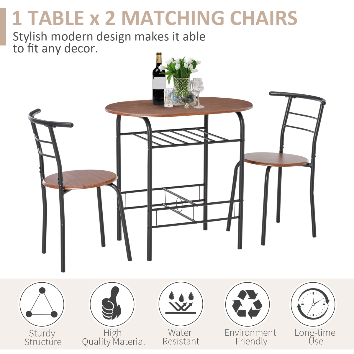 HOMCOM 3-Piece MDF Bar Table and 2 Stool Set with Bottle Storage Shelf, Wood Tone