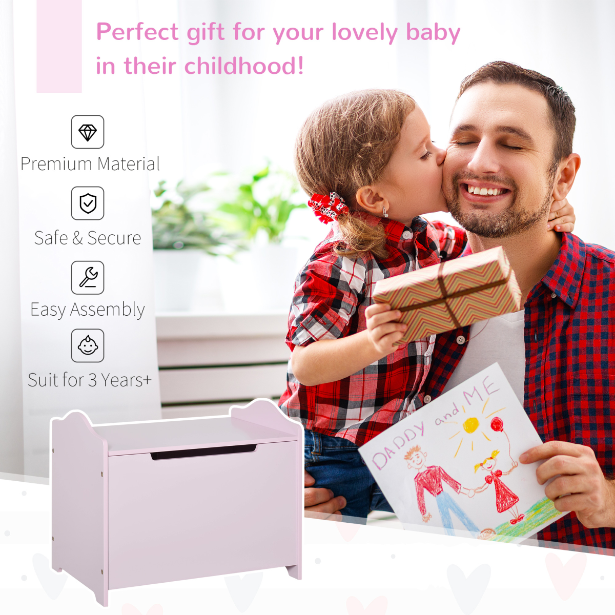 Kids Toy Storage Box Organiser, 60 x 40 x 48cm, Pink, Ages 3+, Bedroom Storage, MDF
