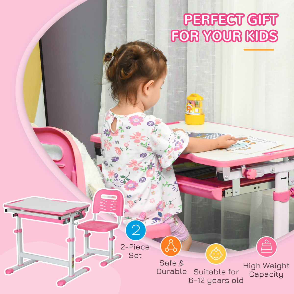 HOMCOM Kids Height Adjustable Desk and Chair Set with Drawer