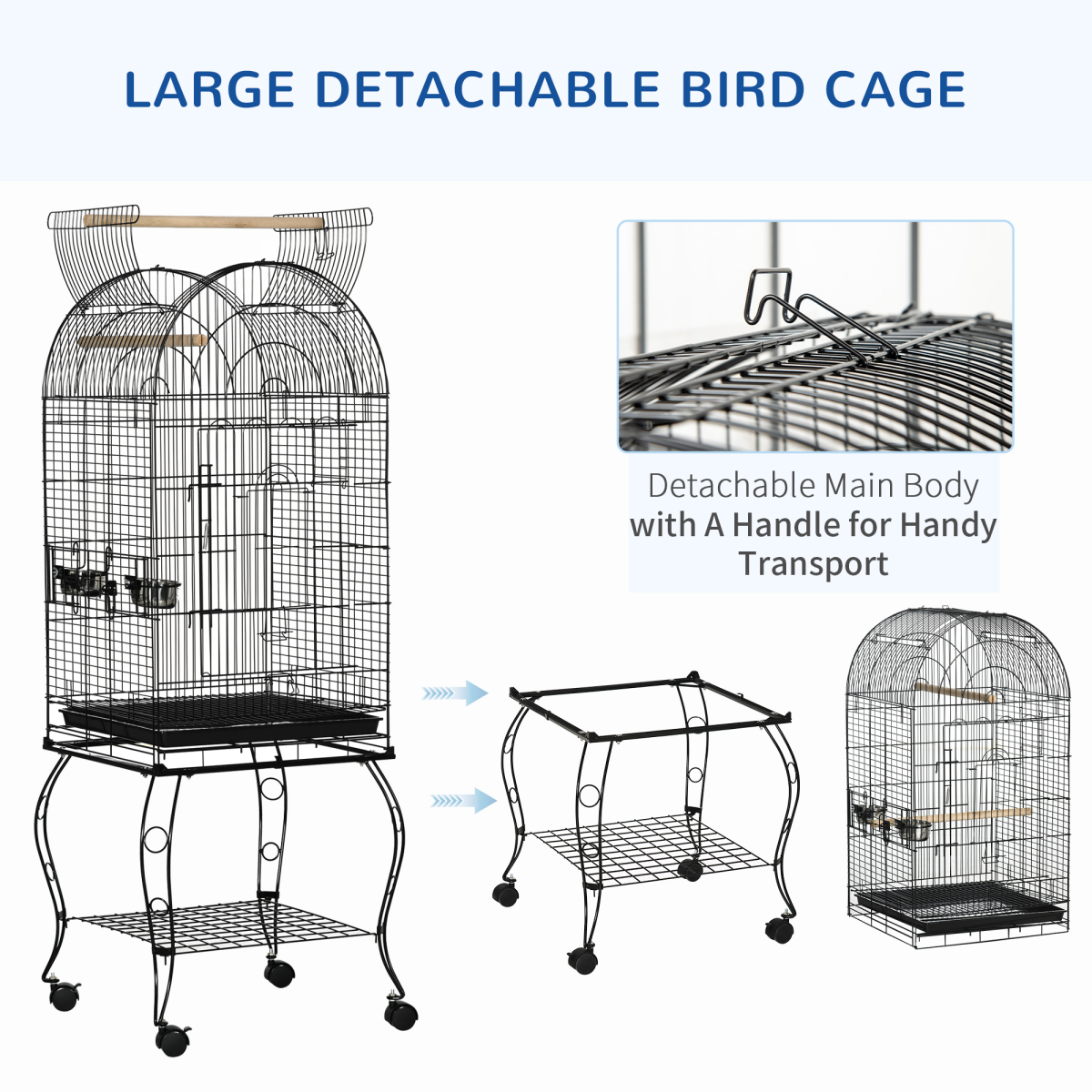 PawHut Large Metal Bird Cage with Perch & Feeding Stand, Black