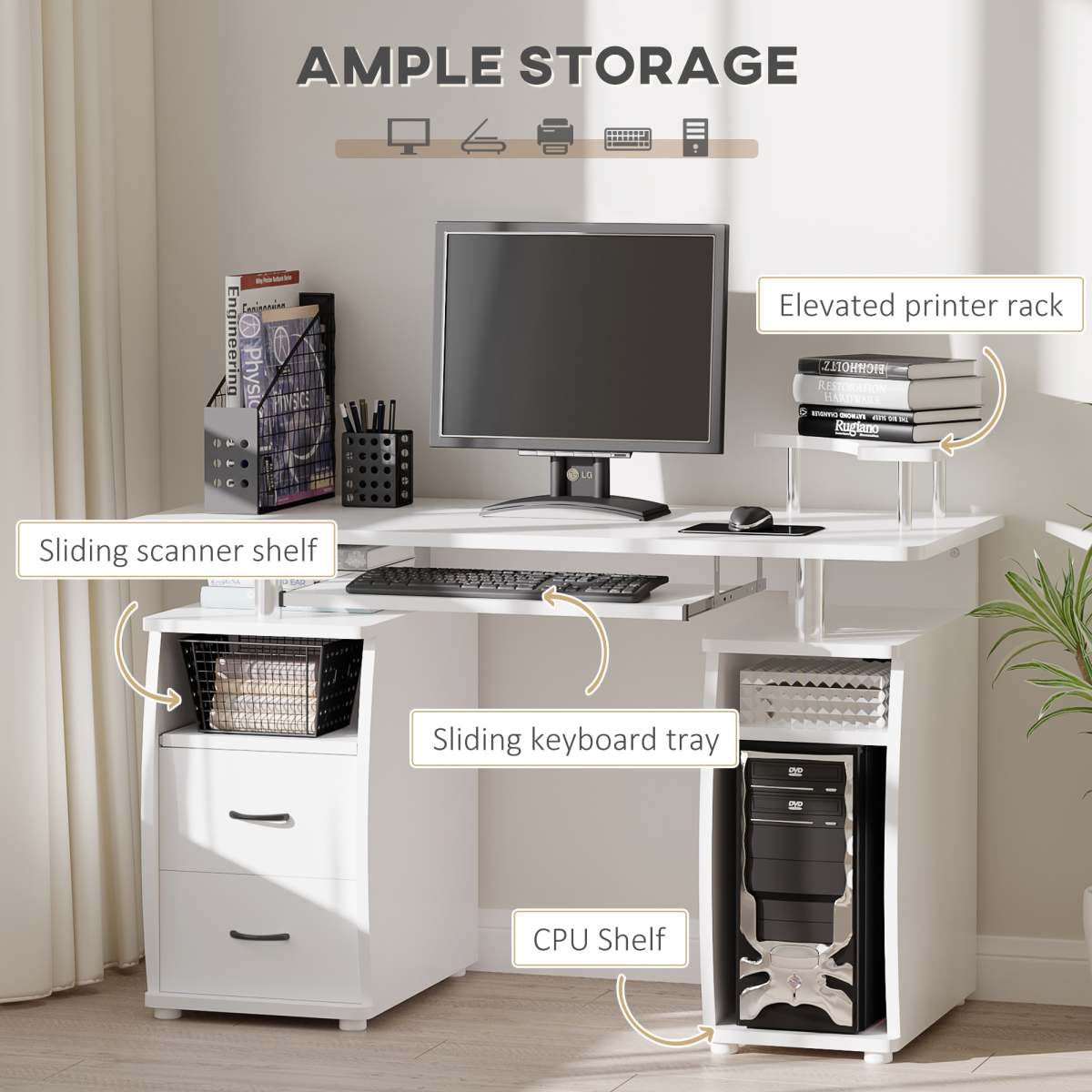 HOMCOM White Computer Desk with Keyboard Tray, Drawer & Monitor Shelf