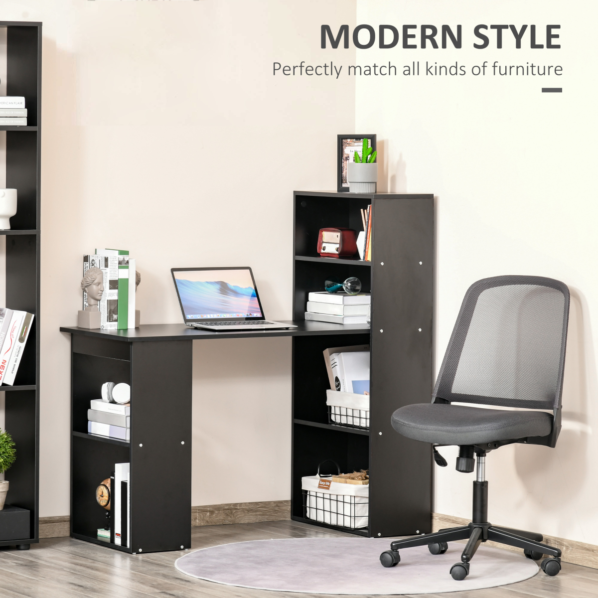 HOMCOM Computer Desk, 120 x 55 x 120 cm, Black, Space-Saving Design with 6 Shelves and Cubby Storage