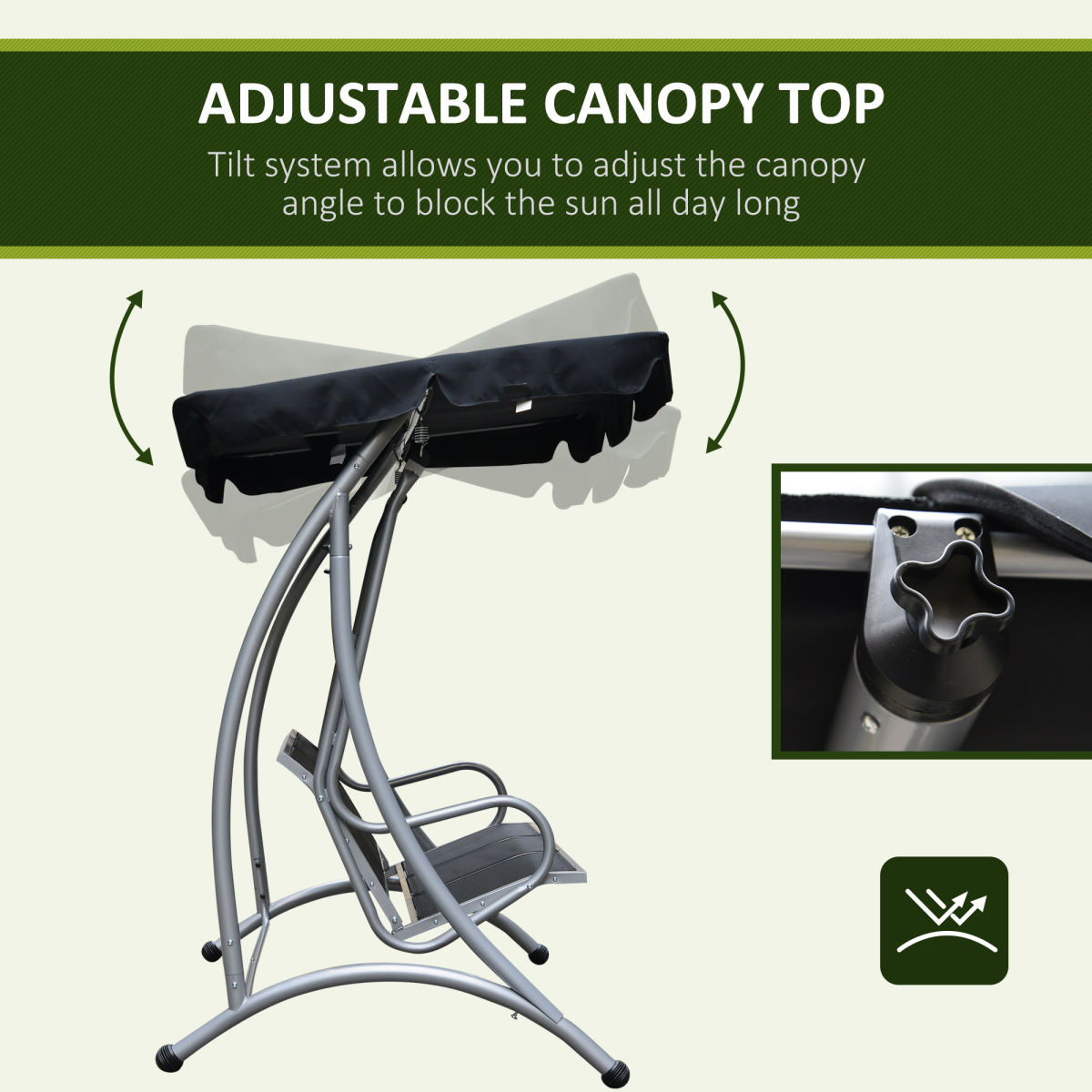 Outsunny 3-Person Steel Outdoor Swing Chair with Adjustable Canopy, Black Mesh Seat
