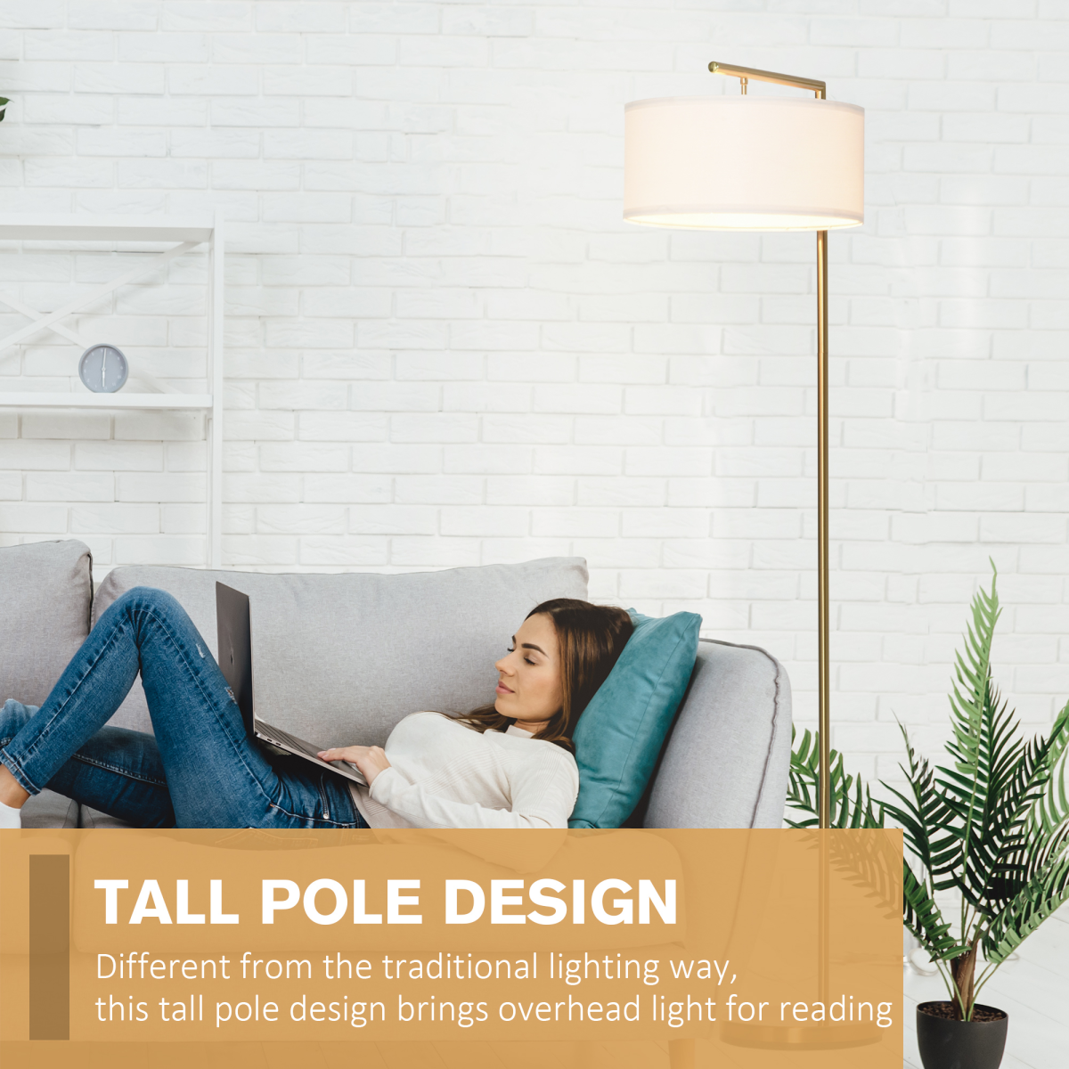 HOMCOM Floor Lamp with White Linen Lampshade and Round Base for Living Room Bedroom