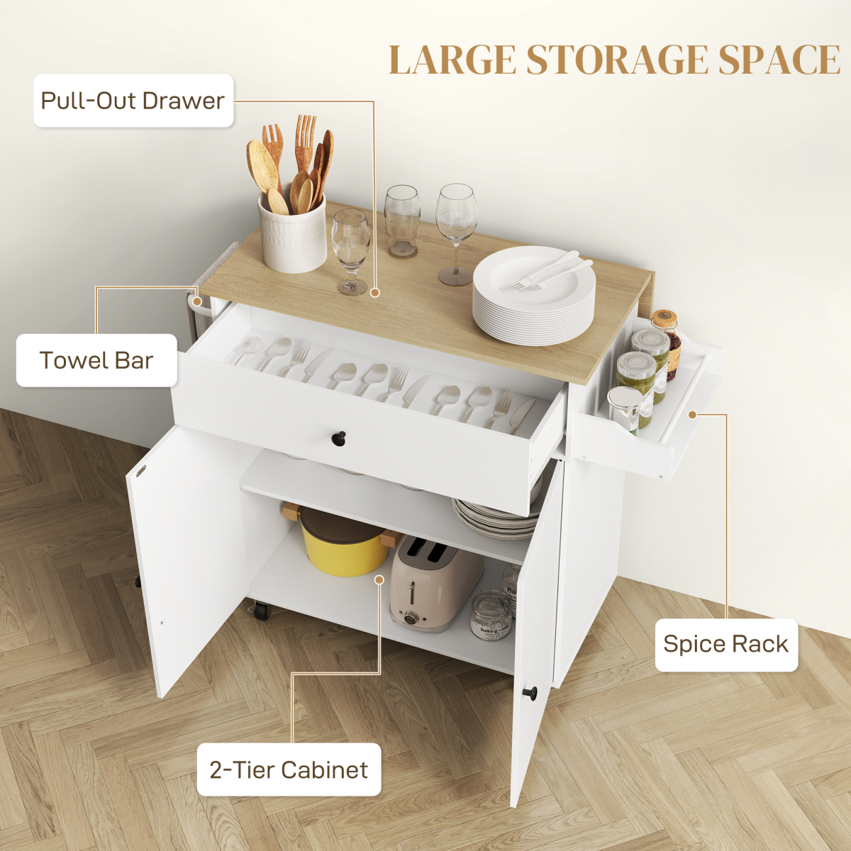 HOMCOM Rolling Kitchen Island with Drop Leaf, Storage Trolley, White