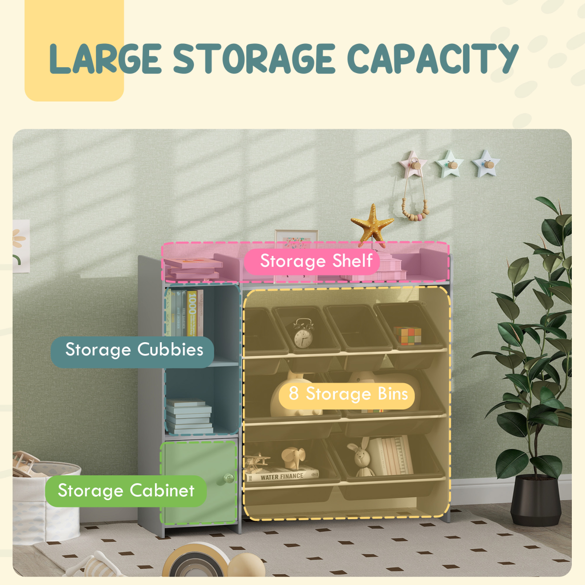 AIYAPLAY Toy Storage Unit with 8 Removable Bins, Shelves & Cabinet