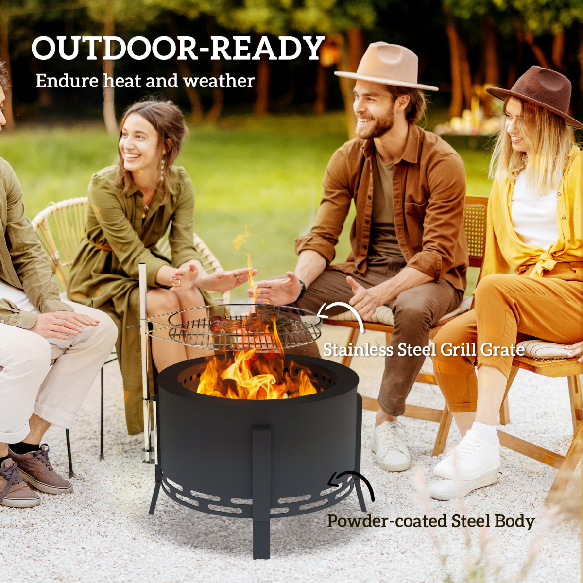 Outsunny 58cm Portable Round Fire Pit with Grill Grate, Black