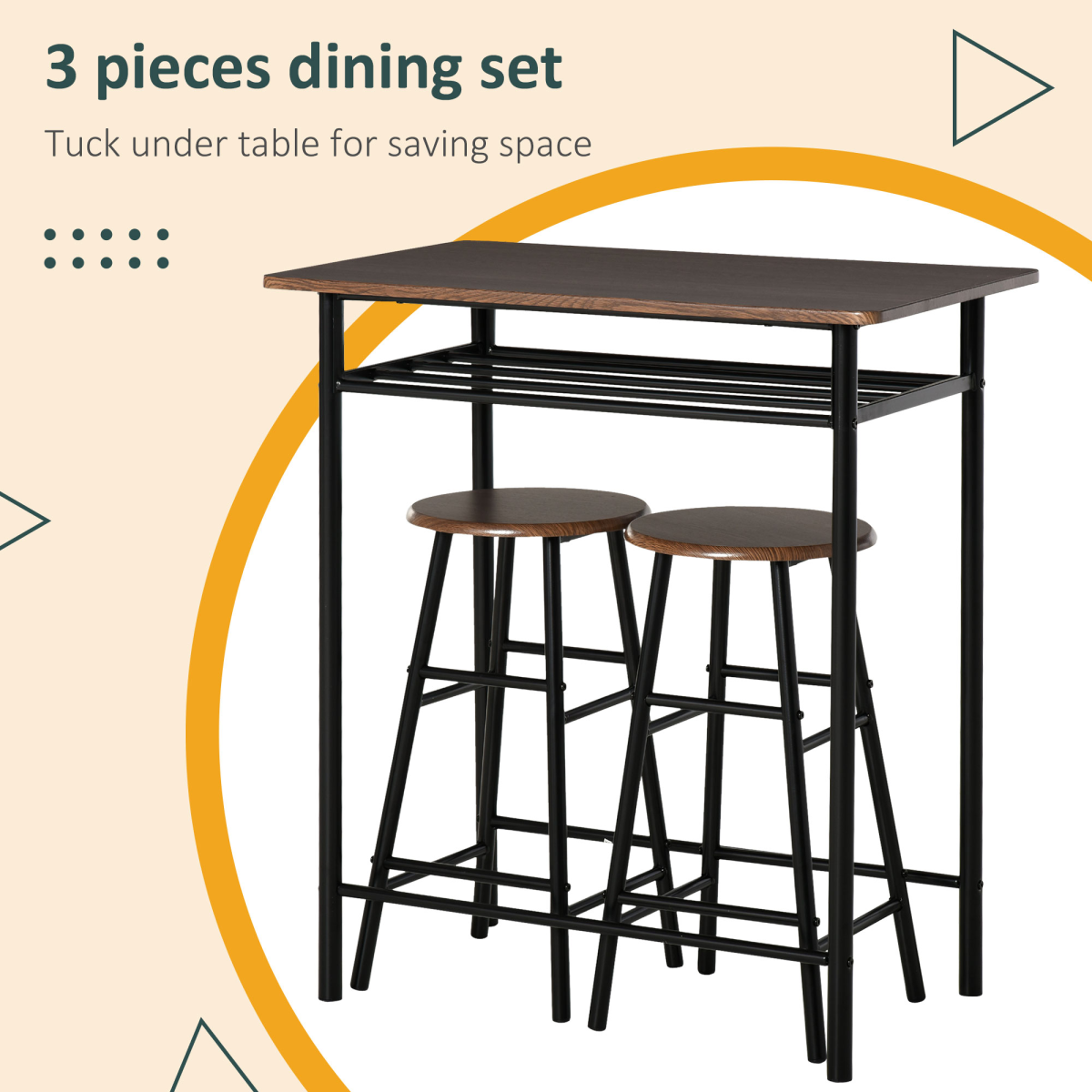 HOMCOM Bar Set with 1 Table and 2 Stools, Metal Frame, Black and Oak