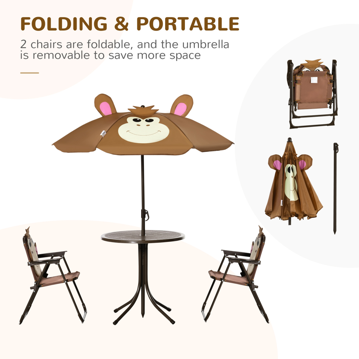 Outsunny Kids Foldable Four-Piece Garden Set with Round Table, 2 Fold-Out Chairs and Adjustable Umbrella, Monkey Design