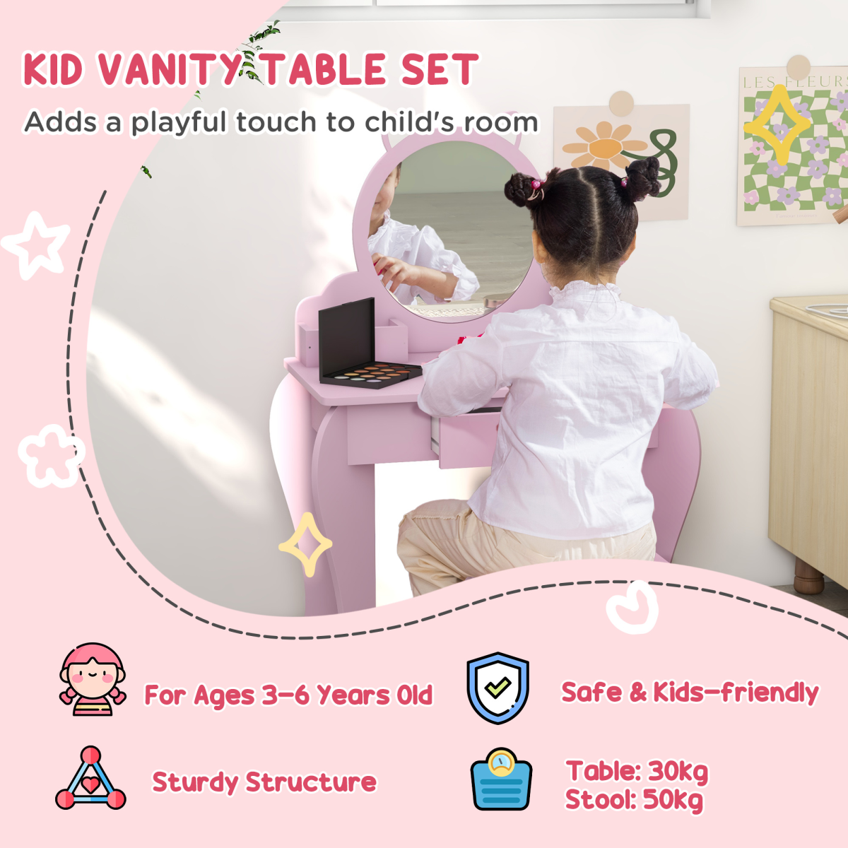 ZONEKIZ Kids Dressing Table Set with Mirror, Stool, Drawer and Storage Boxes, Cat Design, Pink