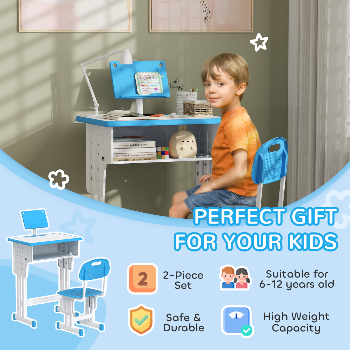 HOMCOM Adjustable Kids Desk and Chair Set with Drawer, Blue