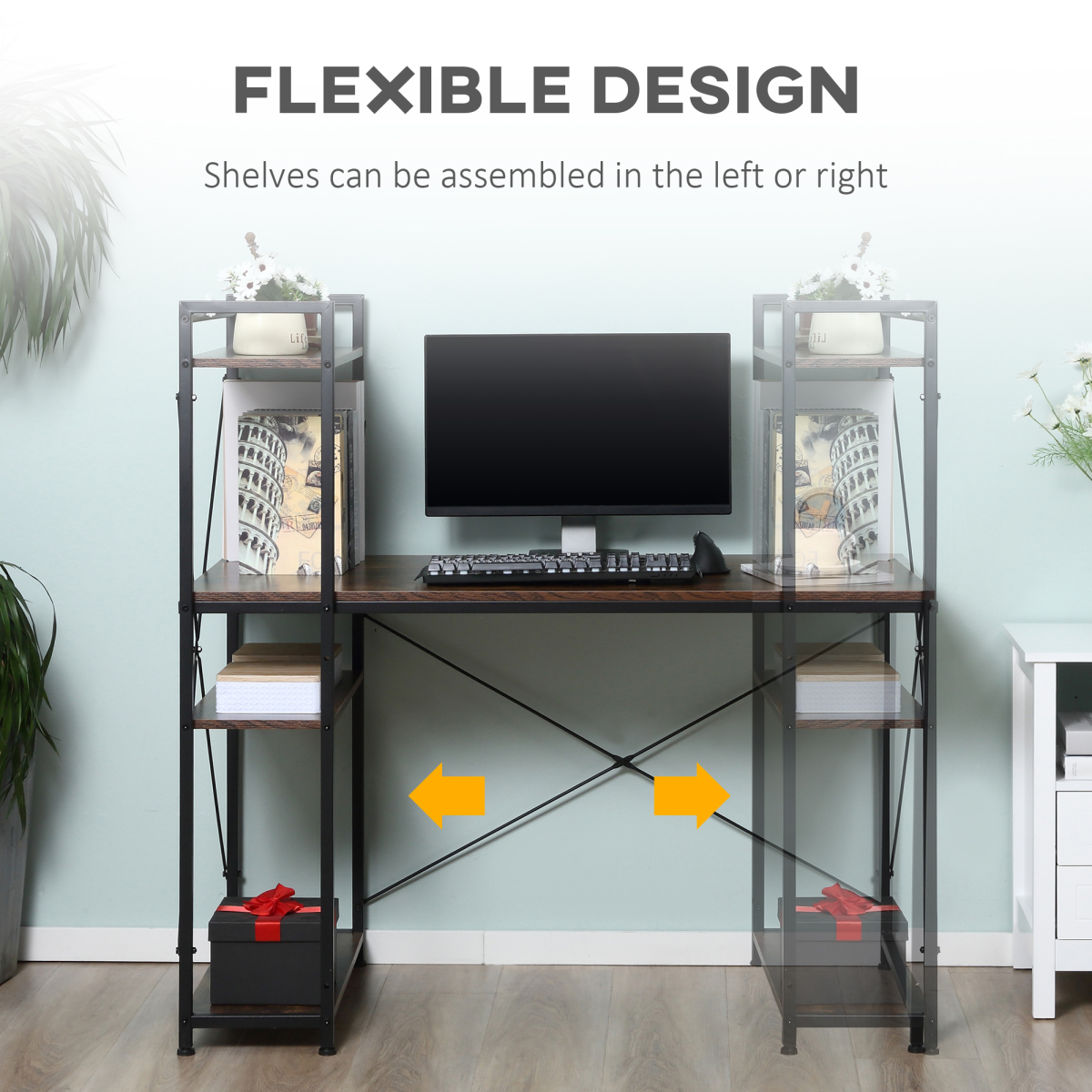HOMCOM Computer Desk with 4-Tier Bookshelf, Home Office Study Workstation, Reversible Left or Right Shelf, Chipboard and Steel Frame