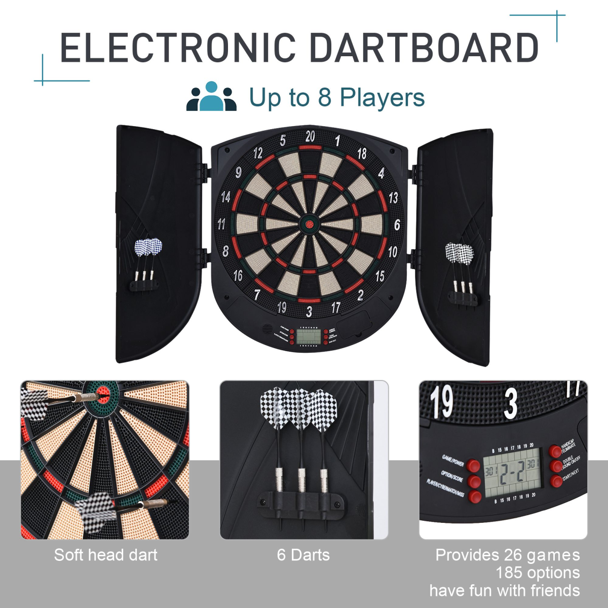 Electronic Dartboard Set, 26 Games, 185 Variations, 6 Darts