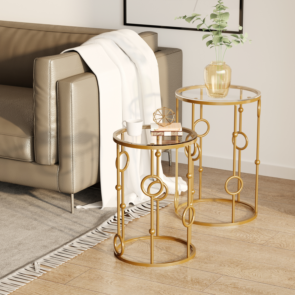 HOMCOM Set of 2 Gold Nesting Coffee Tables, Tempered Glass Top