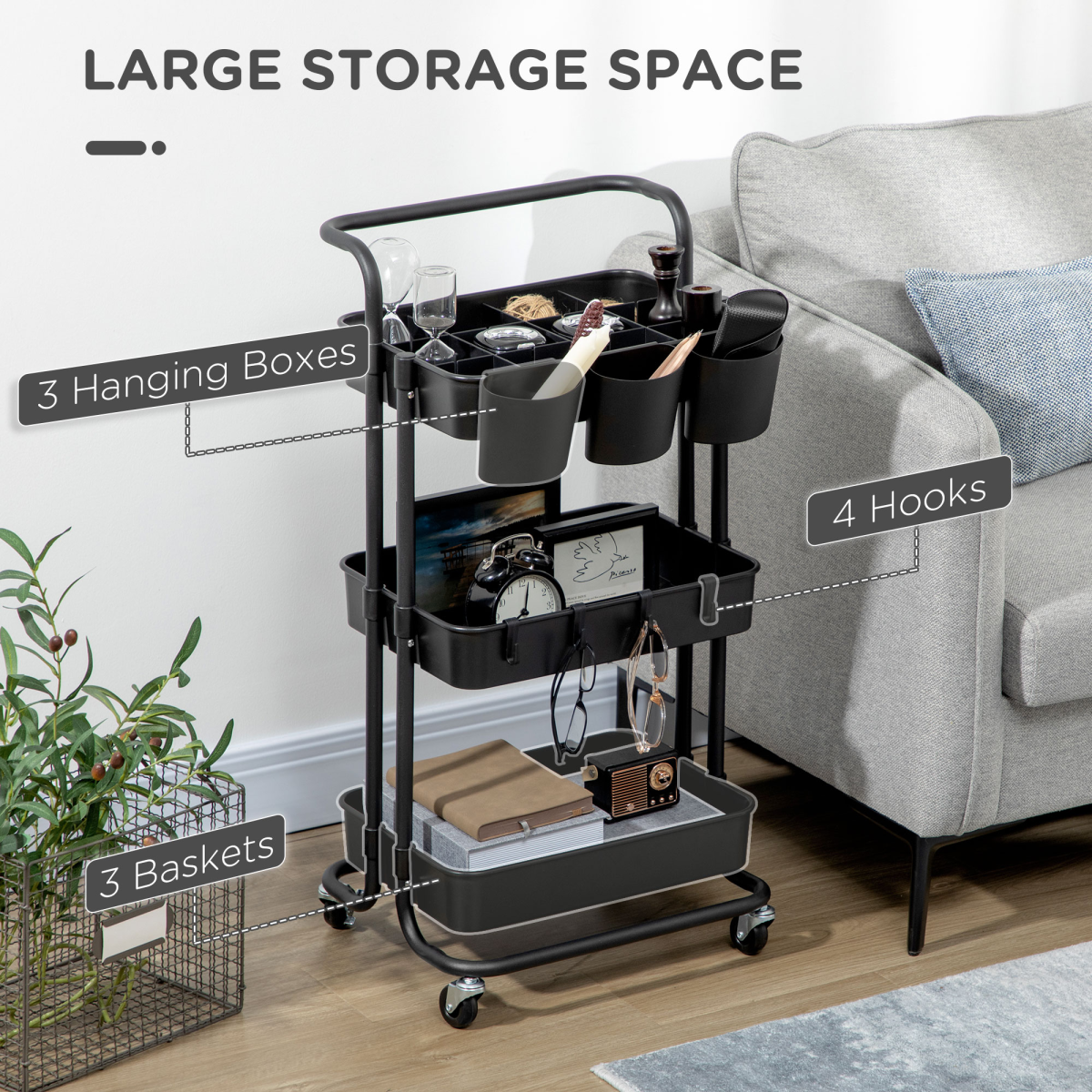 3-Tier Utility Cart Serving Trolley with Mesh Baskets, Removable Boxes, Black, Wheeled Storage Cart