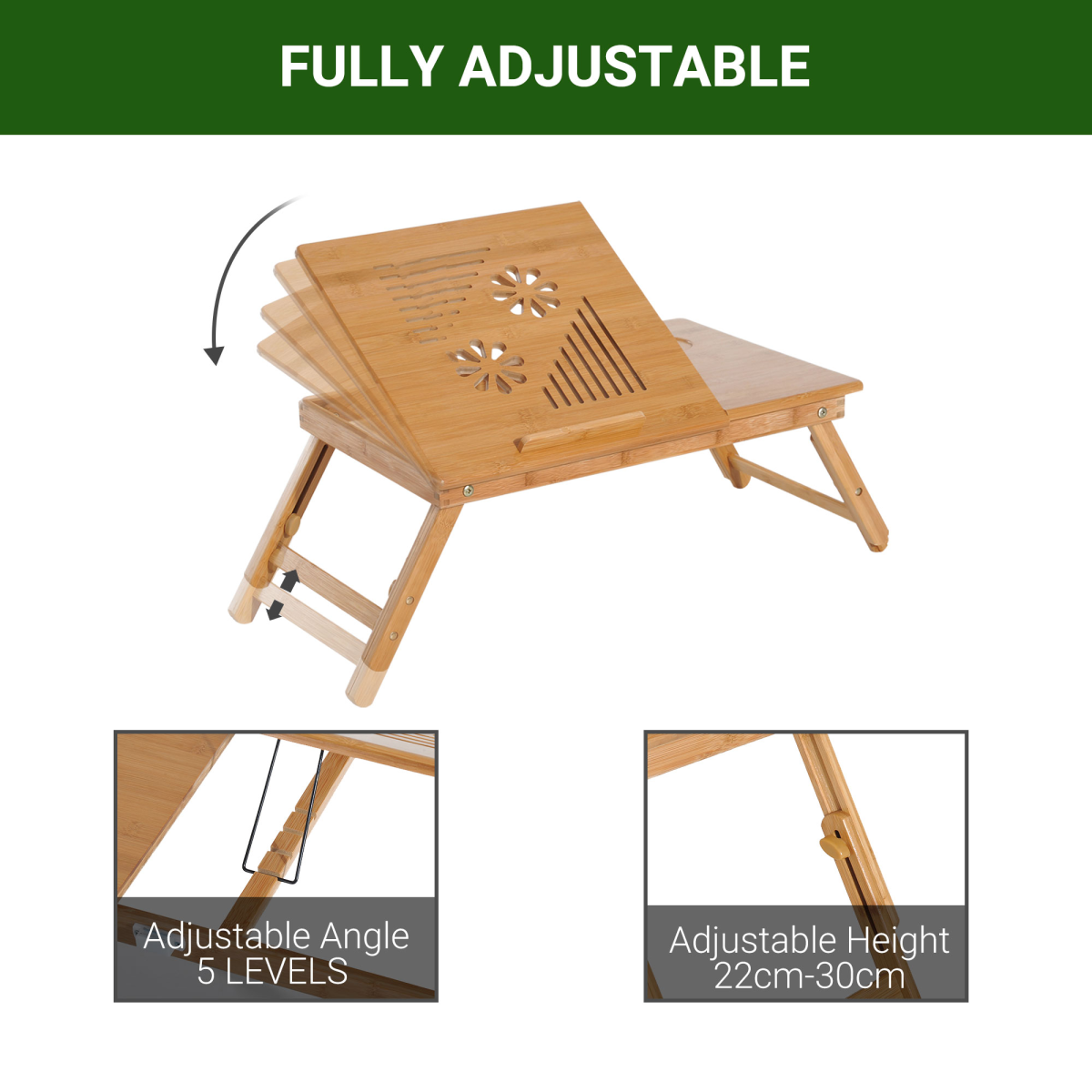 Portable Adjustable Bamboo Laptop Bed Tray Table with Drawer and Cup Slot