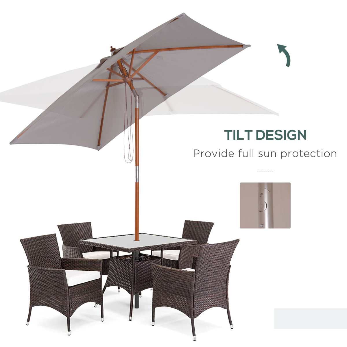 Outsunny Wooden Tilting Patio Umbrella, Grey, 6-Rib Sunshade