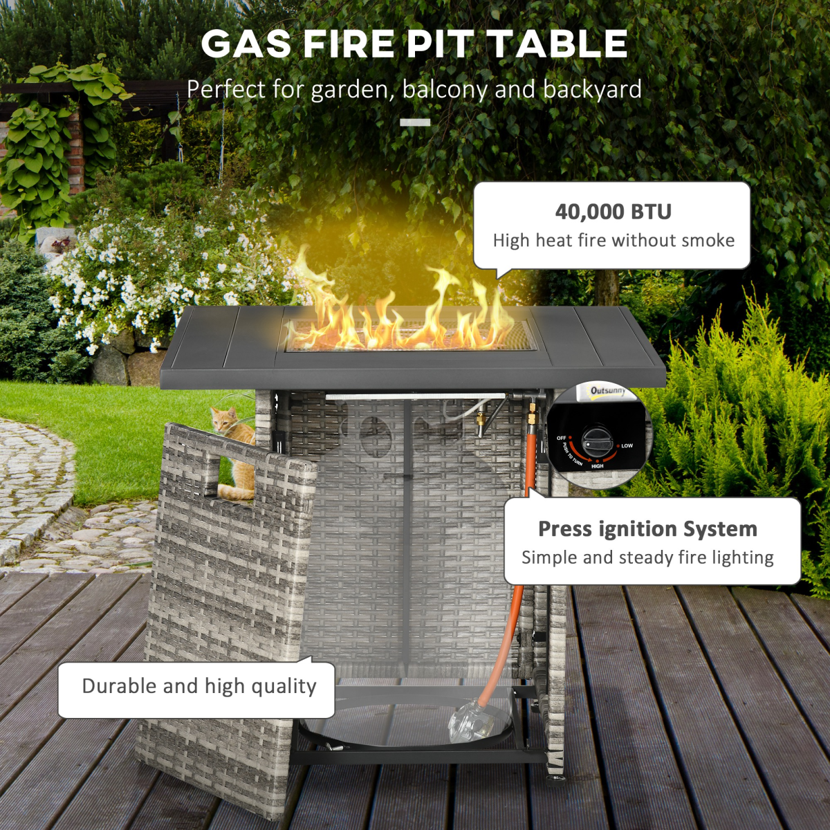 Outsunny Gas Fire Pit Table, 40,000 BTU, Rain Cover & Mesh Lid