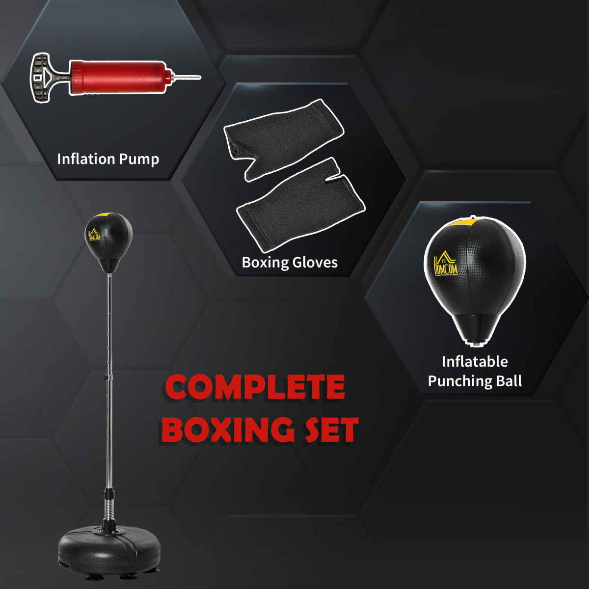 HOMCOM Adjustable Boxing Bag Stand Set with Gloves and Pump Black Gold
