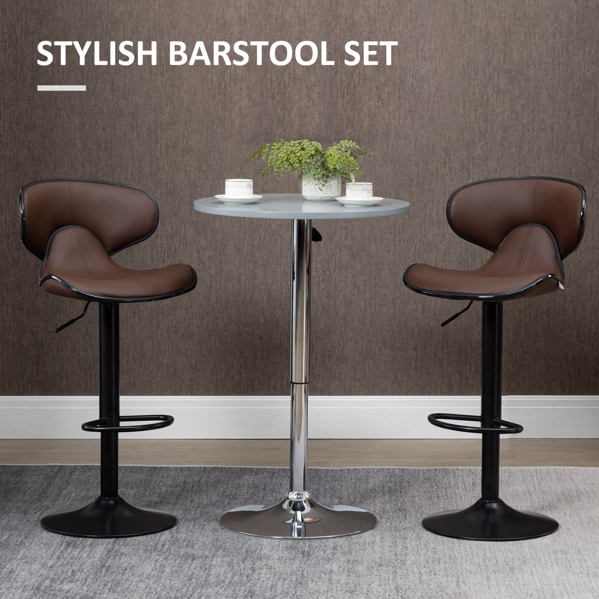 HOMCOM Set of 2 Adjustable Swivel Bar Stools with Backrest, Footrest and Steel Frame, Faux Leather Upholstery