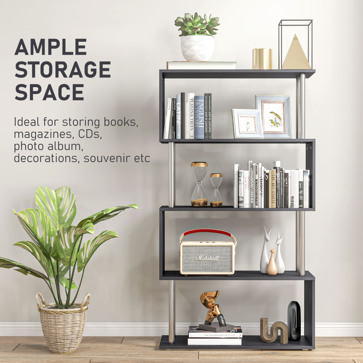 HOMCOM Modern S-Shaped Wooden Bookshelf Room Divider Storage Display Unit Black