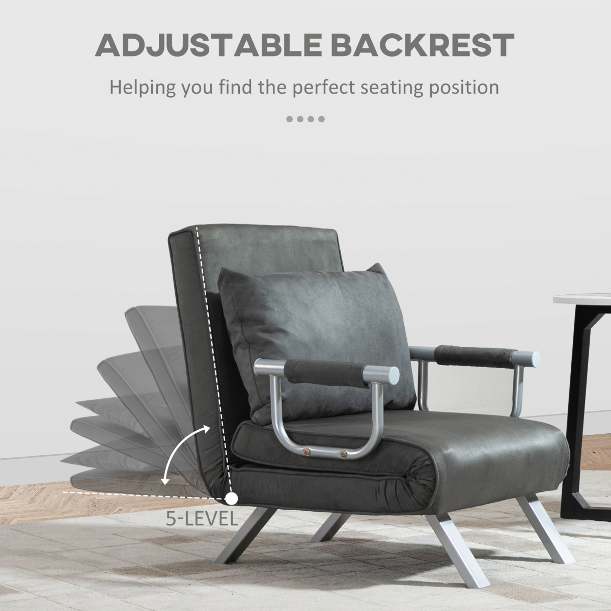 Foldable Sofa Bed Armchair Sleeper Lounge Chair with Adjustable Back, Dark Grey